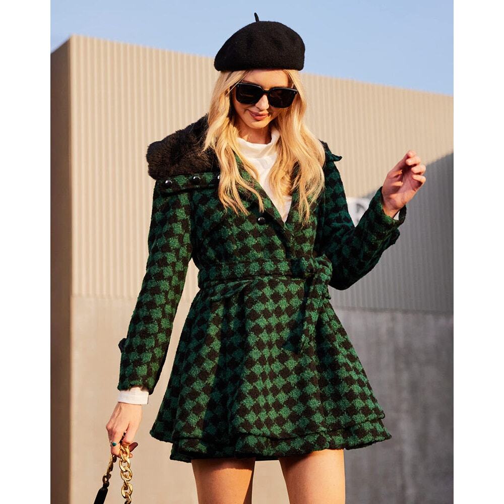 zeagoo Green Houndstooth Faux Fur Lapel Double-Breasted Long Coat Women’s 2XL